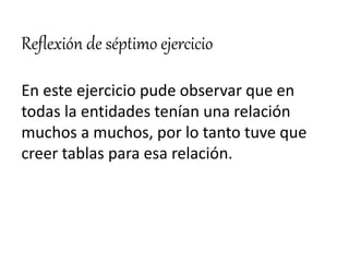 Reflexión de séptimo ejercicio
En este ejercicio pude observar que en
todas la entidades tenían una relación
muchos a muchos, por lo tanto tuve que
creer tablas para esa relación.