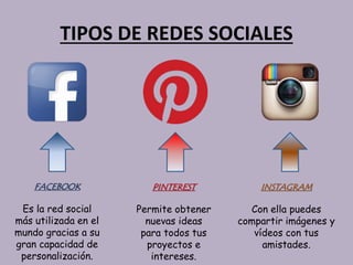 TIPOS DE REDES SOCIALES
FACEBOOK
Es la red social
más utilizada en el
mundo gracias a su
gran capacidad de
personalización.
PINTEREST
Permite obtener
nuevas ideas
para todos tus
proyectos e
intereses.
INSTAGRAM
Con ella puedes
compartir imágenes y
vídeos con tus
amistades.
 