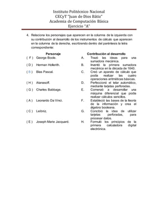Instituto Politécnico Nacional
CECyT “Juan de Dios Bátiz”
Academia de Computación Básica
Ejercicio “A”
4. Relaciona los personajes que aparecen en la columna de la izquierda con
su contribución al desarrollo de los instrumentos de cálculo que aparecen
en la columna de la derecha, escribiendo dentro del paréntesis la letra
correspondiente:
Personaje Contribución al desarrollo
( F ) George Boole. A. Trazó las ideas para una
sumadora mecánica.
( D ) Herman Hollerith. B. Inventó la primera sumadora
mecánica en la década de 1640.
( B ) Blas Pascal. C. Creó un aparato de cálculo que
podía realizar las cuatro
operaciones aritméticas básicas.
( H ) Atanasoff. D. Perfeccionó el telar automático,
mediante tarjetas perforadas.
( G ) Charles Babbage. E. Comenzó a desarrollar una
máquina diferencial que podía
realizar cálculos sencillos.
( A ) Leonardo Da Vinci. F. Estableció las bases de la lteoría
de la información y crea el
álgebra booleana.
( C ) Leibniz. G. Concibió la idea de utilizar
tarjetas perforadas, para
procesar datos.
( E ) Joseph Marie Jacquard. H. Formuló los principios de la
primera calculadora digital
electrónica.
 