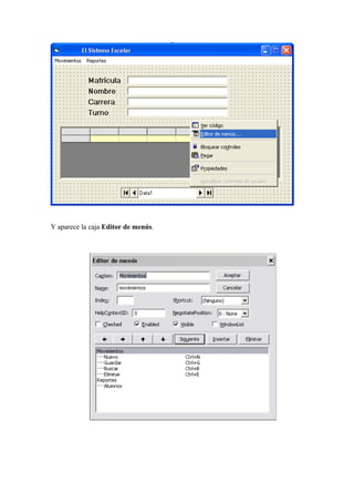 Y aparece la caja Editor de menús.
 