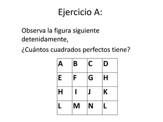 Ejercicio A:
Observa la figura siguiente
detenidamente,
¿Cuántos cuadrados perfectos tiene?
           A    B    C    D
           E    F    G    H
           H     I   J    K
           L    M N       L
 
