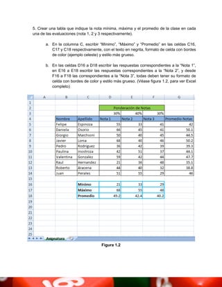 5. Crear una tabla que indique la nota mínima, máxima y el promedio de la clase en cada
una de las evaluaciones (nota 1, 2 y 3 respectivamente).

      a. En la columna C, escribir “Mínimo”, “Máximo” y “Promedio” en las celdas C16,
         C17 y C18 respectivamente, con el texto en negrita, formato de celda con bordes
         de color (ejemplo celeste) y estilo más grueso.

      b. En las celdas D16 a D18 escribir las respuestas correspondientes a la “Nota 1”,
         en E16 a E18 escribir las respuestas correspondientes a la “Nota 2”, y desde
         F16 a F18 las correspondientes a la “Nota 3”, todas deben tener su formato de
         celda con bordes de color y estilo más grueso. (Véase figura 1.2, para ver Excel
         completo)




                                    Figura 1.2
 