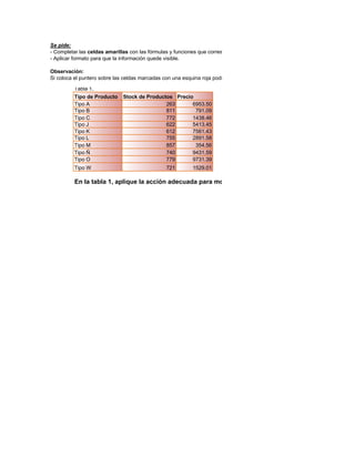 Se pide:
- Completar las celdas amarillas con las fórmulas y funciones que correspondan.
- Aplicar formato para que la información quede visible.

Observación:
Si coloca el puntero sobre las celdas marcadas con una esquina roja podrá leer el comentario respectivo.

          Tabla 1.
          Tipo de Producto    Stock de Productos Precio
          Tipo A                              263      6953.50
          Tipo B                              811       791.09
          Tipo C                              772      1438.46
          Tipo J                              622      5413.45
          Tipo K                              612      7561.43
          Tipo L                              755      2891.58
          Tipo M                              857       354.56
          Tipo Ñ                              740      9431.59
          Tipo O                              779      9731.39
          Tipo W                                 721        1529.01

          En la tabla 1, aplique la acción adecuada para mostrar solo aquellos productos con stock ma
 