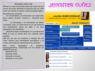 RESUMEN VIDEO GBI
    GBI es un curso transversal ósea que todos los que     JENNIFFER NUÑEZ
    somos de primer semestre la tenemos que ver, este
    curso nos enseña a mejorar nuestro lenguaje digital.
    Este tiene tres principios:
·       El conocimiento y la información son esenciales
    para nuestro: proceso, iniciativa y bienestar para
    todos.
·              La tecnología y la información se deben
    considerar como un instrumento en el cual tenemos
    una participación activa en ellas y no para
    desperdiciar sus beneficios.
·       Utilizamos estas herramientas a lo que llamamos
    WEB 2.0 que se puede decir son nuestras redes
    sociales.
    GBI son los que nos enseñan a manejar de una
    mejor manera esta herramienta tecnológica y es
    común para todas las disciplinas de la uniminuto.
    Este     modo       pedagógico   es     enseñado
    praxiologicamente, relacionada con los pilares de
    UNESCO que son:
·      Aprender a ser.
·      Aprender hacer.
·      Aprender a conocer.
·      Aprender a vivir juntos.
 