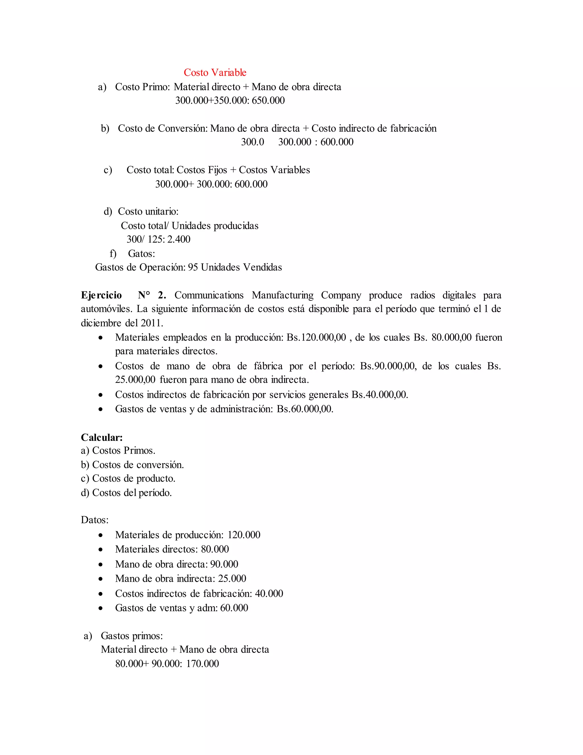 Ejercicios practicos de contabilidad de costos | DOCX