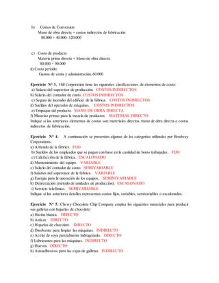 b) Costos de Conversion
Mano de obra directa + costos indirectos de fabricación
80.000 + 40.000: 120.000
c) Costo de producto
Materia prima directa + Mano de obra directa
80.000 + 90.000
d) Costo periodo:
Gastos de venta y administración: 60.000
Ejercicio N° 3. Hill Corporation tiene las siguientes clasificaciones de elementos de costo:
a) Salario del supervisor de producción. COSTOS INDIRECTOS
b) Salario del contador de costo. COSTOS INDIRECTOS
c) Seguro de incendio del edificio de la fábrica. COSTOS INDIRECTOS
d) Sueldos del operador de máquinas. COSTOS INDIRECTOS
e) Empaque del producto. MANO DE OBRA DIRECTA
f) Materias primas para la mezcla de productos. MATERIAL DIRECTO
Indique si los anteriores elementos de costos son: materiales directos, mano de obra directa o costos
indirectos de fabricación.
Ejercicio N° 4. A continuación se presentan algunas de las categorías utilizadas por Brodway
Corporations:
a) Arriendo de la fábrica. FIJO
b) Sueldos de los empleados que se pagan con base en la cantidad de horas trabajadas. FIJO
c) Calefacción de la fábrica. ESCALONADO
d) Mantenimiento del equipo. VARIABLE
e) Salario del contador de costo. SEMIVARIABLE
f) Salarios del supervisor de la fábrica. VARIABLE
g) Energía para la operación de los equipos. SEMINIVARIABLE
h) Depreciación (método de unidades de producción). ESCALONADO
i) Servicio telefónico. SEMIVARIABLE
Indique si los anteriores detalles representan costos fijos, variables, semivariables o escalonados.
Ejercicio N° 5. Chewy Chocolate Chip Company emplea los siguientes materiales para producir
sus galletas con hojuelas de chocolate:
a) Harina blanca. DIRECTO
b) Azúcar. DIRECTO
c) Hojuelas de chocolate. DIRECTO
d) Disolvente para limpiar las máquinas. INDIRECTO
e) Aceite de soya parcialmente hidrogenado. DIRECTO
f) Lubricantes para las máquinas. INDIRECTO
g) Huevos. DIRECTO
h) Autoadhesivos para las cajas de galletas. INDIRECTO
 
