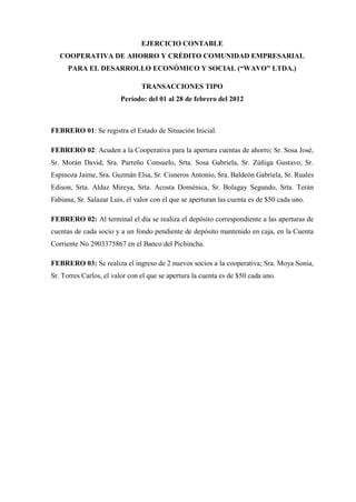 EJERCICIO CONTABLE
COOPERATIVA DE AHORRO Y CRÉDITO COMUNIDAD EMPRESARIAL
PARA EL DESARROLLO ECONÓMICO Y SOCIAL (“WAVO” LTDA.)
TRANSACCIONES TIPO
Período: del 01 al 28 de febrero del 2012
FEBRERO 01: Se registra el Estado de Situación Inicial.
FEBRERO 02: Acuden a la Cooperativa para la apertura cuentas de ahorro; Sr. Sosa José,
Sr. Morán David, Sra. Parreño Consuelo, Srta. Sosa Gabriela, Sr. Zúñiga Gustavo, Sr.
Espinoza Jaime, Sra. Guzmán Elsa, Sr. Cisneros Antonio, Sra. Baldeón Gabriela, Sr. Ruales
Edison, Srta. Aldaz Mireya, Srta. Acosta Doménica, Sr. Bolagay Segundo, Srta. Terán
Fabiana, Sr. Salazar Luis, el valor con el que se aperturan las cuenta es de $50 cada uno.
FEBRERO 02: Al terminal el día se realiza el depósito correspondiente a las aperturas de
cuentas de cada socio y a un fondo pendiente de depósito mantenido en caja, en la Cuenta
Corriente No 2903375867 en el Banco del Pichincha.
FEBRERO 03: Se realiza el ingreso de 2 nuevos socios a la cooperativa; Sra. Moya Sonia,
Sr. Torres Carlos, el valor con el que se apertura la cuenta es de $50 cada uno.
 