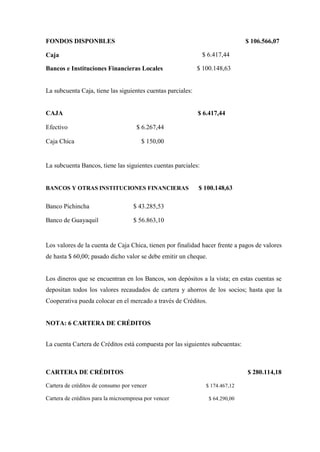 FONDOS DISPONBLES $ 106.566,07
Caja $ 6.417,44
Bancos e Instituciones Financieras Locales $ 100.148,63
La subcuenta Caja, tiene las siguientes cuentas parciales:
CAJA $ 6.417,44
Efectivo $ 6.267,44
Caja Chica $ 150,00
La subcuenta Bancos, tiene las siguientes cuentas parciales:
BANCOS Y OTRAS INSTITUCIONES FINANCIERAS $ 100.148,63
Banco Pichincha $ 43.285,53
Banco de Guayaquil $ 56.863,10
Los valores de la cuenta de Caja Chica, tienen por finalidad hacer frente a pagos de valores
de hasta $ 60,00; pasado dicho valor se debe emitir un cheque.
Los dineros que se encuentran en los Bancos, son depósitos a la vista; en estas cuentas se
depositan todos los valores recaudados de cartera y ahorros de los socios; hasta que la
Cooperativa pueda colocar en el mercado a través de Créditos.
NOTA: 6 CARTERA DE CRÉDITOS
La cuenta Cartera de Créditos está compuesta por las siguientes subcuentas:
CARTERA DE CRÉDITOS $ 280.114,18
Cartera de créditos de consumo por vencer $ 174.467,12
Cartera de créditos para la microempresa por vencer $ 64.290,00
 