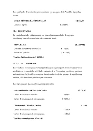 Los certificados de aportación se incrementarán por resolución de la Asamblea General de
socios
OTROS APORTES PATRIMONIALES $ 2.722,00
Cuotas de Ingreso $ 2.722,00
12.4 RESULTADOS
La cuenta Resultados está compuesta por los resultados acumulados de ejercicios
anteriores y los resultados del ejercicio económico actual;
RESULTADOS ( $ 3.003,05)
Utilidades o excedentes acumulados $ 1.720,03
Pérdida del Ejercicio ($ 4.723,08)
Total del Patrimonio es de: $ 48.960,43
NOTA: 13 INGRESOS
Los beneficios económicos durante el período que se originan por la prestación de servicios
crediticios en el curso de las actividades ordinarias de la Cooperativa, constituyen aumentos
del patrimonio. Se identifica claramente al realizar el cobro de los intereses de los diferentes
créditos y las comisiones generadas por los mismos.
Los ingresos están dados por los siguientes conceptos:
Intereses Ganados en Cartera de Crédito $ 3.570,37
Cartera de créditos de consumo $ 191,91
Cartera de créditos para la microempresa $ 3.378,46
Comisiones en Cartera de Crédito $ 73,05
Cartera de créditos de consumo $ 16,80
Cartera de créditos para la microempresa $ 56,25
Total Ingresos del período $ 3.643,42
 