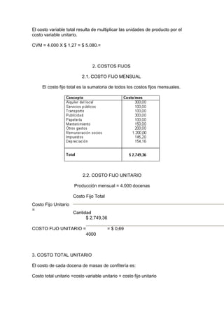 El costo variable total resulta de multiplicar las unidades de producto por el
costo variable unitario.
CVM = 4.000 X $ 1,27 = $ 5.080.=
2. COSTOS FIJOS
2.1. COSTO FIJO MENSUAL
El costo fijo total es la sumatoria de todos los costos fijos mensuales.
2.2. COSTO FIJO UNITARIO
Producción mensual = 4.000 docenas
Costo Fijo Unitario
=
Costo Fijo Total
Cantidad
COSTO FIJO UNITARIO =
$ 2.749,36
4000
= $ 0,69
3. COSTO TOTAL UNITARIO
El costo de cada docena de masas de confitería es:
Costo total unitario =costo variable unitario + costo fijo unitario
 
