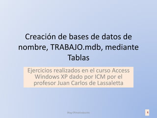 Creación de bases de datos de
nombre, TRABAJO.mdb, mediante
Tablas
Ejercicios realizados en el curso Access
Windows XP dado por ICM por el
profesor Juan Carlos de Lassaletta
1Blog Ofimaticalpunto
 