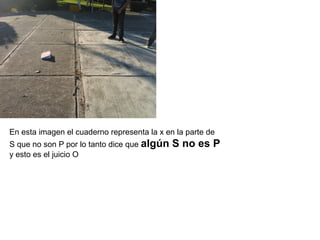 En esta imagen el cuaderno representa la x en la parte de
S que no son P por lo tanto dice que algún   S no es P
y esto es el juicio O
 