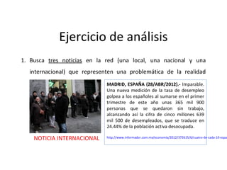 Ejercicio de análisis
1. Busca tres noticias en la red (una local, una nacional y una
internacional) que representen una problemática de la realidad
social. Ejemplo:
NOTICIA INTERNACIONAL
MADRID, ESPAÑA (28/ABR/2012).- Imparable.
Una nueva medición de la tasa de desempleo
golpea a los españoles al sumarse en el primer
trimestre de este año unas 365 mil 900
personas que se quedaron sin trabajo,
alcanzando así la cifra de cinco millones 639
mil 500 de desempleados, que se traduce en
24.44% de la población activa desocupada.
http://www.informador.com.mx/economia/2012/372615/6/cuatro-de-cada-10-espan