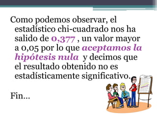 Como podemos observar, el
 estadístico chi-cuadrado nos ha
 salido de 0,377 , un valor mayor
 a 0,05 por lo que aceptamos la
 hipótesis nula y decimos que
 el resultado obtenido no es
 estadísticamente significativo.

Fin…
 