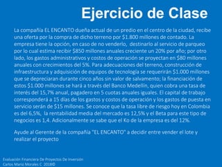 Evaluación Financiera De Proyectos De Inversión
Carlos Mario Morales C 2018©
Ejercicio de Clase
La compañía EL ENCANTO dueña actual de un predio en el centro de la ciudad, recibe
una oferta por la compra de dicho terreno por $1.800 millones de contado. La
empresa tiene la opción, en caso de no venderlo, destinarlo al servicio de parqueo
por lo cual estima recibir $850 millones anuales creciente un 20% por año; por otro
lado, los gastos administrativos y costos de operación se proyectan en $80 millones
anuales con crecimientos del 5%. Para adecuaciones del terreno, construcción de
infraestructura y adquisición de equipos de tecnología se requerirán $1.000 millones
que se depreciaran durante cinco años sin valor de salvamento; la financiación de
estos $1.000 millones se hará a través del Banco Medellín, quien cobra una tasa de
interés del 15,7% anual, pagadero en 5 cuotas anuales iguales. El capital de trabajo
corresponderá a 15 días de los gastos y costos de operación y los gastos de puesta en
servicio serán de $15 millones. Se conoce que la tasa libre de riesgo hoy en Colombia
es del 6,5%, la rentabilidad media del mercado es 12,5% y el Beta para este tipo de
negocios es 1,4. Adicionalmente se sabe que el Ko de la empresa es del 12%.
Ayude al Gerente de la compañía "EL ENCANTO" a decidir entre vender el lote y
realizar el proyecto