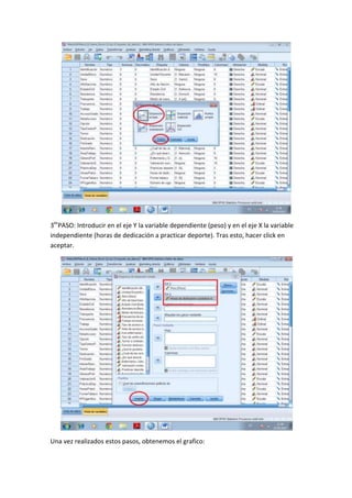 3er
PASO: Introducir en el eje Y la variable dependiente (peso) y en el eje X la variable
independiente (horas de dedicación a practicar deporte). Tras esto, hacer click en
aceptar.
Una vez realizados estos pasos, obtenemos el grafico:
 