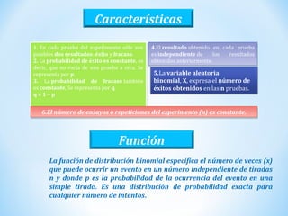 1. En cada prueba del experimento sólo son
posibles dos resultados: éxito y fracaso.
2. La probabilidad de éxito es constante, es
decir, que no varía de una prueba a otra. Se
representa por p.
3. La probabilidad de fracaso también
es constante, Se representa por q,
q = 1 − p
1. En cada prueba del experimento sólo son
posibles dos resultados: éxito y fracaso.
2. La probabilidad de éxito es constante, es
decir, que no varía de una prueba a otra. Se
representa por p.
3. La probabilidad de fracaso también
es constante, Se representa por q,
q = 1 − p
4.El resultado obtenido en cada prueba
es independiente de los resultados
obtenidos anteriormente.
4.El resultado obtenido en cada prueba
es independiente de los resultados
obtenidos anteriormente.
5.La variable aleatoria
binomial, X, expresa el número de
éxitos obtenidos en las n pruebas.
6.El número de ensayos o repeticiones del experimento (n) es constante.6.El número de ensayos o repeticiones del experimento (n) es constante.
Características
La función de distribución binomial especifica el número de veces (x)
que puede ocurrir un evento en un número independiente de tiradas
n y donde p es la probabilidad de la ocurrencia del evento en una
simple tirada. Es una distribución de probabilidad exacta para
cualquier número de intentos.
Función
 