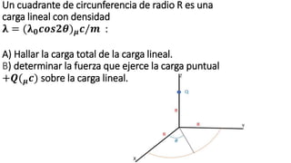 Un cuadrante de circunferencia de radio R es una
carga lineal con densidad
𝛌 = (𝛌𝟎𝒄𝒐𝒔𝟐𝜽)𝝁𝒄/𝒎 :
A) Hallar la carga total de la carga lineal.
B) determinar la fuerza que ejerce la carga puntual
+𝑸(𝝁𝒄) sobre la carga lineal.
 