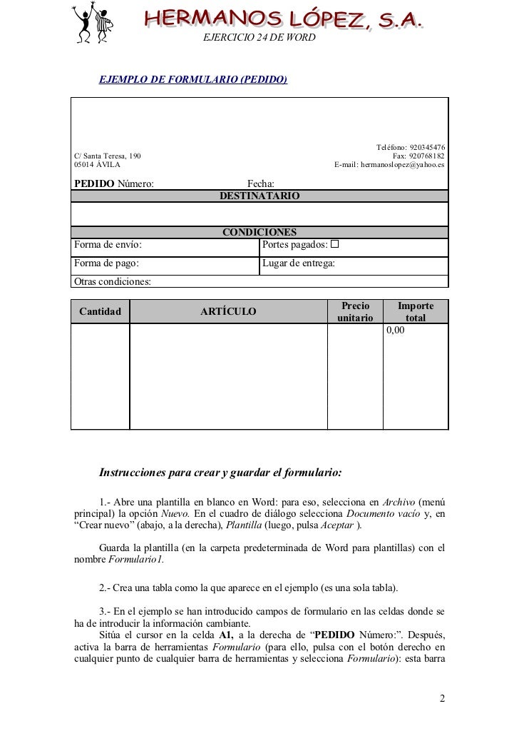 Ejercicio De Formularios En Word