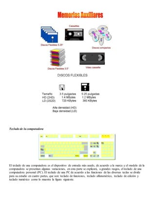 Teclado de la computadora
El teclado de una computadora es el dispositivo de entrada más usado, de acuerdo a la marca y el modelo de la
computadora se presentan algunas variaciones, en esta parte se explicará, a grandes rasgos, el teclado de una
computadora personal (PC). El teclado de una PC de acuerdo a las funciones de las diversas teclas se divide
para su estudio en cuatro partes, que son: teclado de funciones, teclado alfanumérico, teclado de edición y
teclado numérico como lo muestra la figura siguiente.
 
