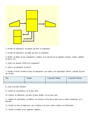 2.- Escriba los dispositivos de entrada que tiene el computador.
3.- Escriba los dispositivos de salida que tiene el computador.
4.- Realice un dibujo de una computadora e indique en él cada una de sus unidades (monitor, teclado, unidades
de discos, etc.).
5.- ¿Qué es la memoria RAM en el computador?
6.- ¿Qué es un manejador de discos?
7.- Escriba en forma de tabla los tipos de manejadores que existen y las capacidades mínima y máxima de cada
uno de ellos.
Tipo Tamaño Capacidad Mínima Capacidad Máxima
8.- ¿Qué es un disco flexible?
9.- Escriba las características de un disco duro
10.- Enuncie las diferencias que tiene un disco flexible con un disco duro
11.- Indique las capacidades, en millones de caracteres, de los discos duros que se venden actualmente en el
mercado
12.- Escriba los tipos de impresoras que se fabrican y de estas, cuales se tienen en el laboratorio
13.- Escriba el nombre de los siguientes símbolos :
 