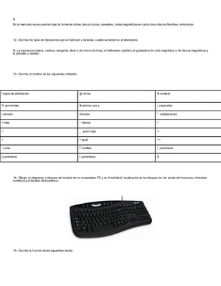 ®
En el mercado se encuentran bajo la forma de cintas, discos duros, cassettes, cintasmagnéticas en cartuchos o discos flexibles, entre otras.
12.- Escriba los tipos de impresoras que se fabrican y de estas, cuales se tienen en el laboratorio.
®: La impresora (matriz, cadena, margarita, láser o de chorro de tinta), el delineador (plotter), la grabadora de cinta magnética o de discos magnéticos y
la pantalla o monitor.
13.- Escriba el nombre de los siguientes símbolos:
! signo de admiración @ arroa # numeral
% porcentaje & esto es una y | separador
 división /división * multiplicación
+ mas - menos ^
~ _ guion bajo <
> = igual <>
‘ coma " comillas { paréntesis
[ paréntesis ] paréntesis $
14.- Dibuje un diagrama a bloques del teclado de un computador PC y en él señale la localización de los bloques de: las teclas de funciones, elteclado
numérico y el teclado alfanumérico.
15.- Escriba la función de las siguientes teclas:
 
