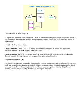 Unidad Central de Procesos (UCP)
Es la parte más importante de la computadora, en ella se realizan todos los procesos de la información. La UCP
está estructurada por un circuito integrado llamado microprocesador, el cual varía en las diferentes marcas de
computadoras.
La UCP se divide en dos unidades:
Unidad Aritmético Lógica (UAL).- Es la parte del computador encargada de realizar las: operaciones
aritméticas y lógicas, así como comparaciones entre datos.
Unidad de Control (UC).- Se le denomina también la parte inteligente del microprocesador, se encarga de
distribuir cada uno de los procesos al área correspondiente para su transformación.
Dispositivos de entrada (DE)
Los dispositivos de entrada son aquellos al través de los cuales se mandan datos a la unidad central de procesos,
por lo que su función es eminentemente emisora. Algunos de los dispositivos de entrada más conocidos son el
teclado, el manejador de discos magnéticos, la reproductora de cinta magnética, el ratón, el digitalizador
(scanner), el lector óptico de código de barras y el lápiz óptico entre otros.
 