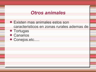 Otros animales
   Existen mas animales estos son
    caracteristicos en zonas rurales ademas de
   Tortugas
   Canarios
   Conejos.etc.....
 