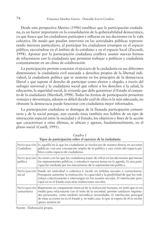 74 Francisco Sánchez García - Oswaldo Leyva Cordero
Desde esta perspectiva Merino (1996) establece que la participación ciudada-
na, es un factor importante en la consolidación de la gobernabilidad democrática,
ya que busca que los ciudadanos participen e inluyan en sus decisiones en la vida
colectiva. De modo que puedan intervenir en las actividades públicas represen-
tando intereses particulares, al participar los ciudadanos irrumpen en el espacio
público, ejerciéndose en el ámbito de lo cotidiano y en el espacio local (Ziccardi,
1998). Apostar por la participación ciudadana conlleva asumir nuevas formas
de relacionarse con la ciudadanía que permitan trabajar a políticos y ciudadanía
conjuntamente en un clima de colaboración
La participación permite concretar el ejercicio de la ciudadanía en sus diferentes
dimensiones: la ciudadanía civil asociada a derechos propios de la libertad indi-
vidual, la ciudadanía política que se sustenta en los principios de la democracia
liberal y que supone el derecho de participar como elector y elegido, a través del
sufragio universal y la ciudadanía social que reiere a los derechos a la salud, la
educación, la seguridad social, la vivienda que debe garantizar el Estado al conjun-
to de la ciudadanía (Marshall, 1998). Todas las formas de participación presentan
ventajas y desventajas, además es difícil decidir cuál de ellas es la más adecuada, no
obstante la democracia puede funcionar con ciudadanos mejor informados.
La participación ciudadana se distingue de la llamada participación comuni-
taria y de la social porque, aun cuando éstas también nos hablen de un tipo de
interacción especial entre la sociedad y el Estado, los objetivos y ines de la acción
que caracterizan a estas últimas, se ubican y agotan, fundamentalmente, en el
plano social (Cunill, 1991).
Cuadro 1
Tipos de participación sobre el ejercicio de la ciudadanía
Participación
Ciudadana
Es aquélla en la que los ciudadanos se involucran de manera directa en acciones
públicas, con una concepción amplia de lo político y una visión del espacio pú-
blico como espacio de ciudadanos.
Participación
política
Acciones con las que los ciudadanos tratan de inluir en las decisiones que toman
los representantes públicos, e introducir nuevos temas en la agenda. Es una parti-
cipación mediada por los mecanismos de la representación política.
Participación
social
Puede ser individual o colectiva e incidir en ámbitos sociales o comunitarios.
Presupone aumentar la motivación, la capacidad y la posibilidad de que los indi-
viduos colectivamente e intervengan en los asuntos sociales. El interlocutor prin-
cipal no es el Estado sino otras instituciones sociales.
Participación
comunitaria
Representa un componente esencial de la realización humana, en tanto que es un
medio para relacionarse con el resto de la sociedad, permite satisfacer inquietu-
des personales, como también reivindicar necesidades. El interlocutor principal
de estas acciones no es el Estado y, en todo caso, lo que se espera de él es recibir
apoyo asistencial.
Fuente: Elaboración propia.
 