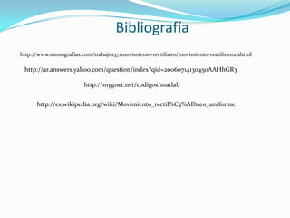 Fórmulas del EjercicioPLOTGenera una gráfica en las variables x e y, las mismas que en nuestra grafica serán tiempo(t)x yDistancia(d)y, y especificamos que se formarán circunferencias en donde estén los puntos >> plot (t,d,'o')>> polyfit(t,d,2)ans =    0.0241    0.1194   -0.0609>> tg=1:0.01:4;>> f=0.0241*tg.^2+0.1194*tg-0.0609;>> holdon>> plot(tg,f)POLYFITEs un comando que les permite a los puntos ajustarse según como vaya la curva de la parábolaHoldonHará que a partir de entonces todos los dibujos que se realicen aparezcan en la gráfica activa. Este comando sólo funciona para la gráfica que se ha ejecutado.ansProviene del ingles answer y significa respuesta