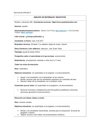 Ejerciciode reflexión2
ANÁLISIS DE MATERIALES EDUCATIVOS
Nombre y ubicación URL: Conectando neuronas https://www.portaleducativo.net/
Idiomas: español.
Autores/editores/patrocinadores: Gabriel Vera Prado (@g_veraprado) y Paz González
Vergara (@pm_gonzalez)
Libre acceso: sí Incluye publicidad: si
Consultado en fecha: mayo 5 de 2017.
Requisitos técnicos: Windows 7 en adelante tarjeta de sonido, internet.
Otros (hardware y otro software): altavoces. Java Script. Flash.
Tipología: ayuda de tareas Online.
Perspectiva sobre el aprendizaje en la que se basa: asociacionista.
Destinatarios: principalmente orientado a niños de 6 a 17 años
Todos los ciclos de educación
Área: matemática
Objetivos educativos: (no explicitados en el programa o la documentación).
 Apoyar a los estudiantes con el aprendizaje de los números.
 Brindar opciones para que los estudiantes practiquen los contenidos del área
 Resolver dudas de los estudiantes con un profesor online.
Contenidos que se tratan: (no explicitados en el programa o la documentación).
 Númerosracionales,multiplicaciónydivisión,gráficosestadísticos,fracciones,
decimales,geometría,númerosenteros.
Educación pre básica, básica y media.
Área: ciencias sociales.
Objetivos educativos: (no explicitados en el programa o la documentación).
 Brindar a los estudiantes herramientas sencillas para la comprensión de temas de
geografía e historia.
 Originar recursos como videos de acontecimientos históricos.
 