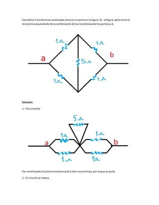 Considere 5resistencias conectadascomose muestraenlafigura.En lafigura,determine la
resistenciaequivalente de lacombinaciónde lasresistenciasde lospuntosa,b.
Solución:
1.- Por simetría
Por simetríadel circuitolaresistenciade 5ohm nocontinúa,por loque se quita.
2.- El circuitose reduce.
 