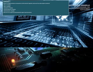 INSTITUCION EDUCATIVA GONZALO RESTREPO JARAMILLO
SECRETARIA DE EDUCACIÓN – SENA
TÉCNICO EN INSTALACION DE REDES DE CÓMPUTO
TALLER DE SUBREDES
EJERCICIO 5
Elaborar un Diagramadonde se representen LaLAN constadelo siguiente, cadaunade lascualesrequiere unasubred.
· Sala 1: 4 Equipos
· Sala 2: 4 Equipos
· Laboratorio: 4 Equipos
· Aulade profesores: 4 Equipos
· Administración: 4 Equipos
Cadauno con su respectivo direccionamiento segúnel ejercicioanterior.
 