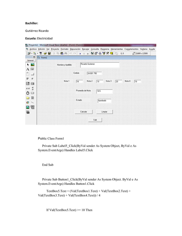 Ejercicio de Visual Basic IF THEN ELSE | DOCX | Programming Languages ...