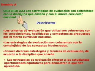 Dominio A

 CRITERIO A.5: Las estrategias de evaluación son coherentes
 con la disciplina que enseña y con el marco curricular
 nacional

                       Descriptores

 Los criterios de evaluación que utiliza son coherentes con
 los conocimientos, habilidades y competencias propuestos
 por el marco curricular nacional.

 Las estrategias de evaluación son coherentes con la
 complejidad de los conceptos involucrados.

 Conoce diversas estrategias y técnicas de evaluación, de
 acuerdo a la disciplina que enseña

  Las estrategias de evaluación ofrecen a los estudiantes
 oportunidades equitativas para demostrar lo que han
 aprendido.
 