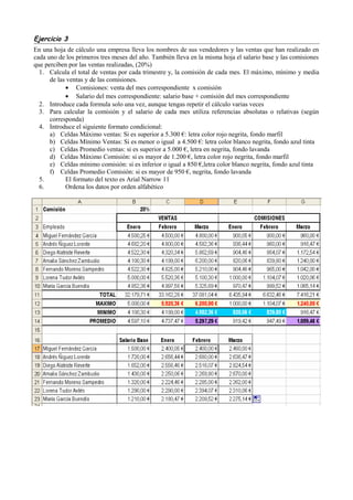 Ejercicio 3
En una hoja de cálculo una empresa lleva los nombres de sus vendedores y las ventas que han realizado en
cada uno de los primeros tres meses del año. También lleva en la misma hoja el salario base y las comisiones
que perciben por las ventas realizadas, (20%)
1. Calcula el total de ventas por cada trimestre y, la comisión de cada mes. El máximo, mínimo y media
de las ventas y de las comisiones.
• Comisiones: venta del mes correspondiente x comisión
• Salario del mes correspondiente: salario base + comisión del mes correspondiente
2. Introduce cada formula solo una vez, aunque tengas repetir el cálculo varias veces
3. Para calcular la comisión y el salario de cada mes utiliza referencias absolutas o relativas (según
corresponda)
4. Introduce el siguiente formato condicional:
a) Celdas Máximo ventas: Si es superior a 5.300 €: letra color rojo negrita, fondo marfil
b) Celdas Mínimo Ventas: Si es menor o igual a 4.500 €: letra color blanco negrita, fondo azul tinta
c) Celdas Promedio ventas: si es superior a 5.000 €, letra en negrita, fondo lavanda
d) Celdas Máximo Comisión: si es mayor de 1.200 €, letra color rojo negrita, fondo marfil
e) Celdas mínimo comisión: si es inferior o igual a 850 €,letra color blanco negrita, fondo azul tinta
f) Celdas Promedio Comisión: si es mayor de 950 €, negrita, fondo lavanda
5. El formato del texto es Arial Narrow 11
6. Ordena los datos por orden alfabético
 