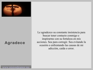 Agradece Le agradezco su constante insistencia para buscar tener contacto conmigo e  inspirarme con su fortaleza en mis acciones. Sea para corregir. Sea evitando la ocasión o enfrentando las causas de mi adicción, caída o error. 