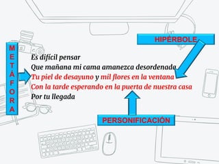 Es difícil pensar
Que mañana mi cama amanezca desordenada
Tu piel de desayuno y mil flores en la ventana
Con la tarde esperando en la puerta de nuestra casa
Por tu llegada
HIPÉRBOLE
M
E
T
Á
F
O
R
A
PERSONIFICACIÓN
 