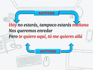 Hoy no estarás, tampoco estarás mañana
Nos queremos enredar
Pero te quiero aquí, tú me quieres allá
ANTÍTESIS
ANTÍTESIS
 
