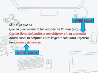 Si te digo que no
Que no quiero tenerte tan lejos de mi Camila (eso)
Que las flores del jardín se marchitaron sin tu presencia
Ahora busco tu perfume entre la gente con tanta urgencia
Con locura y demencia
HIPÉRBOLE
REPETICIÓN
 