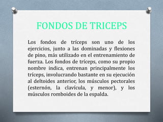 FONDOS DE TRICEPS
Los fondos de tríceps son uno de los
ejercicios, junto a las dominadas y flexiones
de pino, más utilizado en el entrenamiento de
fuerza. Los fondos de tríceps, como su propio
nombre indica, entrenan principalmente los
tríceps, involucrando bastante en su ejecución
al deltoides anterior, los músculos pectorales
(esternón, la clavícula, y menor), y los
músculos romboides de la espalda.
 