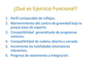 ¿Qué es Ejercicio Funcional?
1. Perfil comparable de reflejos.
2. Mantenimiento del centro de gravedad bajo la
   propia base de soporte.
3. Compatibilidad generalizada de programas
   motores.
4. Compatibilidad de cadena abierta y cerrada.
5. Incrementa las habilidades biomotoras
   relevantes.
6. Progresa de aislamiento a integración.
 