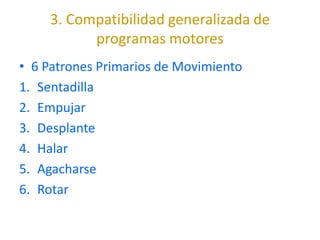 3. Compatibilidad generalizada de
           programas motores
• 6 Patrones Primarios de Movimiento
1. Sentadilla
2. Empujar
3. Desplante
4. Halar
5. Agacharse
6. Rotar
 