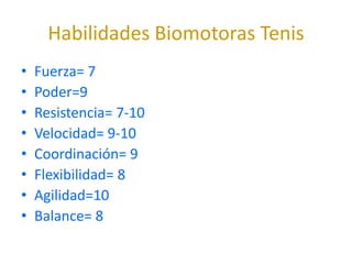 Habilidades Biomotoras Tenis
•   Fuerza= 7
•   Poder=9
•   Resistencia= 7-10
•   Velocidad= 9-10
•   Coordinación= 9
•   Flexibilidad= 8
•   Agilidad=10
•   Balance= 8
 