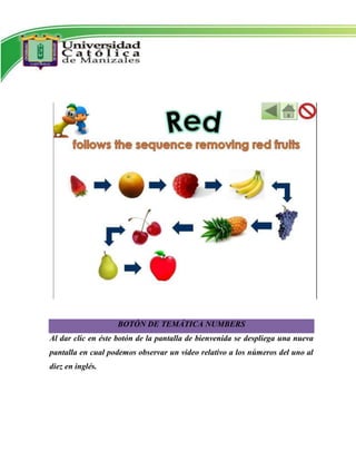BOTÓN DE TEMÁTICA NUMBERS
Al dar clic en éste botón de la pantalla de bienvenida se despliega una nueva
pantalla en cual podemos observar un video relativo a los números del uno al
diez en inglés.
 