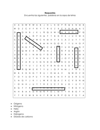 Respuestas
Encuentra las siguientes palabras en la sopa de letras
X A D W R W A B J H L K O P Ñ Q K N M B
W D Z C V F R Y T R E Z X C V B N M A S
D I G H B J K L Ñ Q X W E A R G O N P Q
S O A H L Ñ P H M F T B D V K J U E W X
C X Ñ P E H W C N M H V X S A Z U Y T O
L I P R E L S B M N H G O R T Y U H O P
L D N G F R I E D C A Z X Y U R N I G F
T O Q W E R V O N H J K I Ñ P O B D D Y
U D P O I N M G F D R T G V B H Y R M X
Ñ E K J U Y N V N U Y T E J O P S O D C
A C Z A R U S G N D O M N N C D E G P M
F A T Y U I Z X C V B N O A S D F E H J
K R Ñ Q W E R T Y U I O P N M J F N E S
W B K D N G T R U I O M A V Q W O Z D
F O Y U O P U T Y N M K N V F D E R S C
S N G F J K I L W R E Q A Z X C V B N M
I O N H J U Y T R E S C F B J O I U Y T
B G F F R N I T R O G E N O T T R D V U
N H B A X D R M Ñ P O L M Y T R B G F H
Y T R E W B N H F R W A Ñ P O B F G T A
 Oxigeno
 Nitrógeno
 Helio
 Argón
 Hidrogeno
 Dióxido de carbono
 