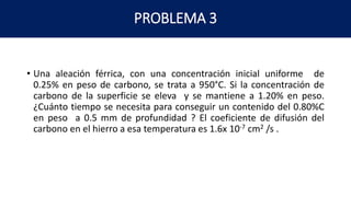 PROBLEMA 3
• Una aleación férrica, con una concentración inicial uniforme de
0.25% en peso de carbono, se trata a 950°C. Si la concentración de
carbono de la superficie se eleva y se mantiene a 1.20% en peso.
¿Cuánto tiempo se necesita para conseguir un contenido del 0.80%C
en peso a 0.5 mm de profundidad ? El coeficiente de difusión del
carbono en el hierro a esa temperatura es 1.6x 10-7 cm2 /s .
 