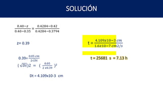 SOLUCIÓN
0.40−𝑧
0.40−0.35
=
0.4284−0.42
0.4284−0.3794
z= 0.39 t =
4.109𝑥10−3 𝑐𝑚
1.6𝑥10−7 𝑐𝑚2/𝑠
0.39=
0.05 𝑐𝑚
2√𝐷𝑡
t = 25681 s = 7.13 h
( 𝐷𝑡)2 = (
0.05
2 𝑥0.39
)2
Dt = 4.109x10-3 cm
 