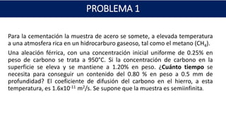 PROBLEMA 1
Para la cementación la muestra de acero se somete, a elevada temperatura
a una atmosfera rica en un hidrocarburo gaseoso, tal como el metano (CH4).
Una aleación férrica, con una concentración inicial uniforme de 0.25% en
peso de carbono se trata a 950°C. Si la concentración de carbono en la
superficie se eleva y se mantiene a 1.20% en peso. ¿Cuánto tiempo se
necesita para conseguir un contenido del 0.80 % en peso a 0.5 mm de
profundidad? El coeficiente de difusión del carbono en el hierro, a esta
temperatura, es 1.6x10-11 m2/s. Se supone que la muestra es semiinfinita.
 