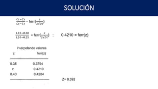 SOLUCIÓN
𝐶𝑠−𝐶𝑥
𝐶𝑠−𝐶𝑜
= ferr(
𝑥
2√𝐷𝑡
)
1.20−0.80
1.20−0.25
= ferr(
𝑥
2√𝐷𝑡
) ; 0.4210 = ferr(z)
Interpolando valores
z ferr(z)
-----------------------------------
0.35 0.3794
z 0.4210
0.40 0.4284
------------------------------------ Z= 0.392
 